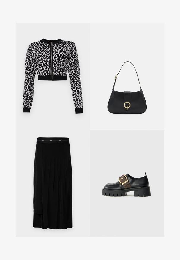 Zkrácený cardigan s leopardím potiskem v černé a šedé barvě, dlouhými rukávy, předním zipem a černými žebrovanými manžetami. Měkká, strukturovaná pletenina.; Černá midi sukně s plisováním, hladkou texturou a širokým páskem s jemným logem značky. Jednoduchý design a délka až k podlaze.; Černá kožená bota s robustní podrážkou, s páskem se zlatou sponou a texturovaným hnědým akcentem. Kulatá špička a minimalistický design.; Černá kožená kabelka s zakřiveným siluetou, krátkým popruhem, centrálním zlatým kováním a hladkým povrchem. Bez viditelných vzorů nebo akcentů.