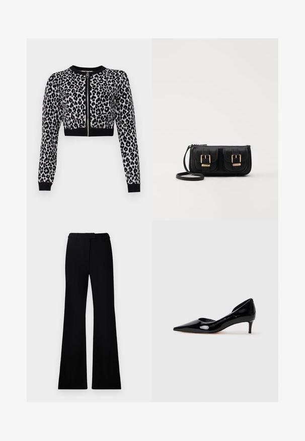Sagriezts melnbalts leopardu raksta kardigans ar garām piedurknēm, priekšējo rāvējslēdzēju un melniem ribotiem aprocēm. Mīksts, teksturēts adījuma audums.; Melnas paplašinātas bikses ar gludu tekstūru, pielāgotu jostasvietu un priekšējām kabatām, veidotas ar elegantu, mūsdienīgu siluetu.; Melnas lakotas ādas sieviešu kurpes ar norādīto pirkstu un zemu papēdi, attēlotas profilā uz vienkārša gaiši pelēka fona.; Melnas ādas crossbody soma ar divām priekšējām kabatām, zelta sprādzēm, ar rāvējslēdzēju aizdari un šauru siksnu. Strukturēta virsma un kompakta taisnstūra forma.