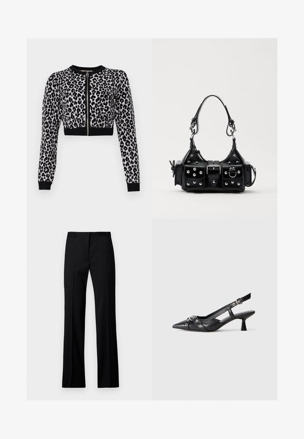 Strihaný cardigan s leopardím vzorom v čiernej a sivej farbe, s dlhými rukávmi, predným zipsom a čiernymi rebrovanými manžetami. Mäkko štruktúrovaný pletený materiál.; Čierne nohavice v rovnom strihu z hladkej tkaniny, so plochým predným dielom, pútkami na opasok a bez viditeľných vreciek alebo ozdôb.; Čierne kožené slingback topánky s špicatou špičkou, ozdobnými popruhmi s kovovými očkami a nízkym blokovým podpätkom. Textúrovaný povrch.; Čierna kožená kabelka s zakriveným dizajnom, doplnená striebornými cvočkami, prackou a dvoma bočnými vreckami. Nastaviteľný popruh poskytuje rôzne možnosti nosenia.