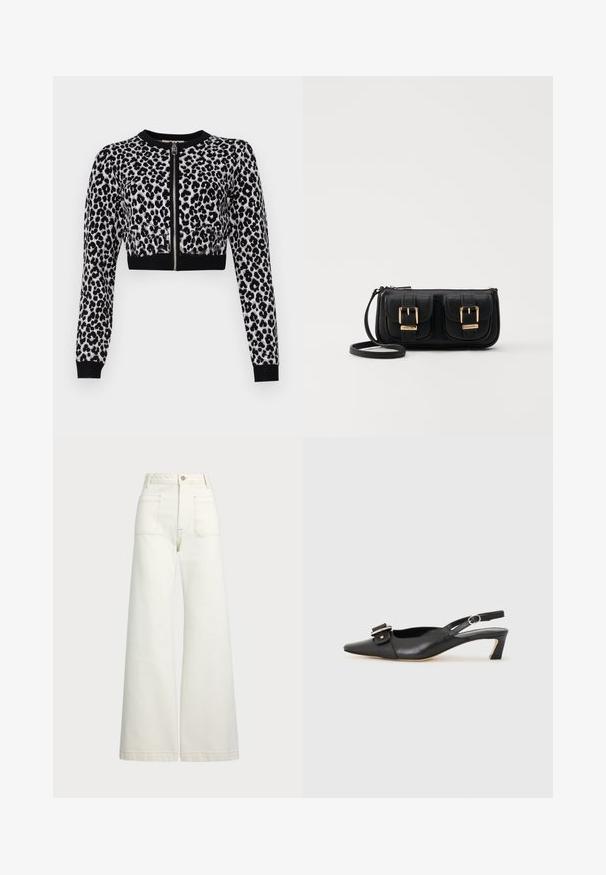 Fekete és szürke leopárdmintás, rövidített kardigán hosszú ujjakkal, elülső cipzárral és fekete bordázott mandzsettával. Puha, texturált kötött anyag.; Széles szárú farmernadrág off-white denim anyagból. Magas derekú dizájn, gombos záródással, két elülső zsebbel és kontrasztos varrási részletekkel.; Fekete bőr szandál kis sarkú, hegyes orral, díszes csattal a felsőrészen. Simább textúra, minimalista design.; Fekete bőr keresztbody táska két elülső zsebbel, arany csattokkal, cipzáras záródással és vékony pánttal. Textúrált felület és kompakt téglalap alak.