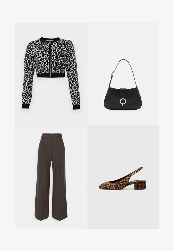Cardigan recortado de estampado de leopardo en negro y gris con mangas largas, cremallera frontal y puños acanalados en negro. Tejido de punto suave y texturizado.; Pantalones de pierna ancha de color marrón oscuro con cintura alta, que presentan pliegues bien marcados, una textura suave y un ajuste a medida.; Zapato de mujer estilo slingback con estampado de leopardo, tacón bajo y hebilla dorada en la correa lateral, mostrado en perfil lateral sobre un fondo liso.; Bolso de cuero negro con una silueta curvada, correa corta, herrajes en tono dorado central y textura suave. Sin patrones ni acentos visibles.
