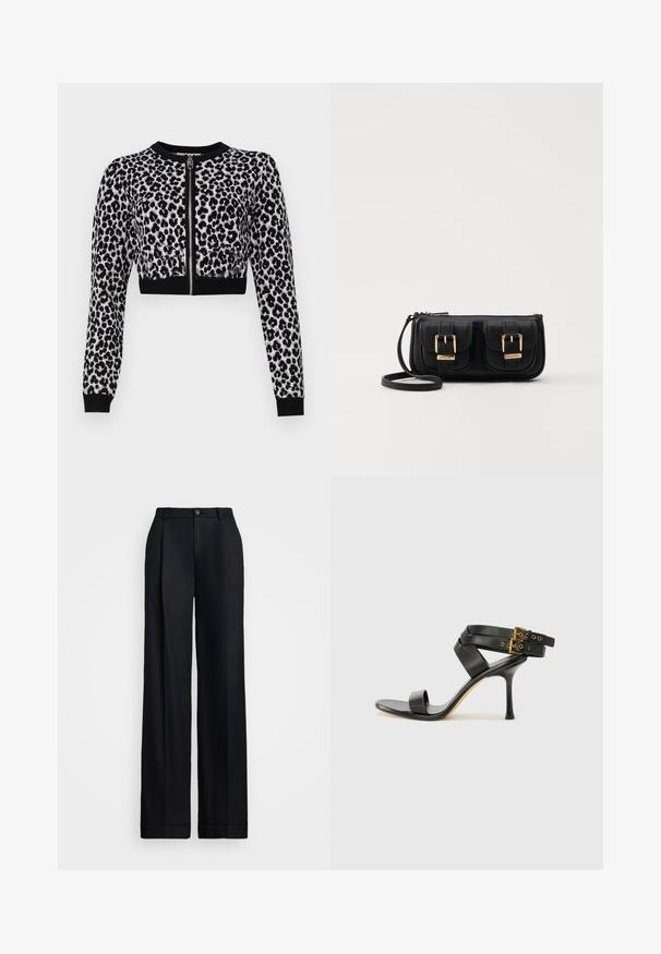 Skraćeni kardigan s uzorkom leoparda u crnoj i sivoj boji, dugih rukava, s prednjim zatvaračem i crnim rebrastim manžetama. Mekana, teksturirana pletenina.; Crne široke hlače s glatkom završnom obradom, ravnim prednjim dijelom, petljama za pojas i jednim dugmetom za zatvaranje u struku.; Crne sandale s petom sa preklapanim trakama i podesivim kopčanjem. Imaju glatku teksturu i suženi stiletto potplat.; Crna kožna torba preko ramena s dva prednja džepa, zlatnim kopčama, zatvaranjem na zip i uskim remenom. Teksturirana površina i kompaktan pravokutan oblik.