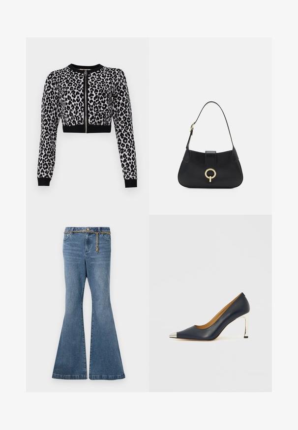 Cardigan scurt cu model leopard negru și gri, cu mâneci lungi, fermoar frontal și manșete negre cu textură în riduri. Material tricotat moale și texturat.; Jeans evazati din denim de culoare bleu, spălare medie, având un detaliu din lanț auriu la talie și un design standard cu cinci buzunare.; Pantof cu toc înalt din piele bleumarin, cu vârf ascuțit, având o căciulă metalică argintie și un toc stillet argintiu lucios.; Geantă din piele neagră cu o silueta curbată, curea scurtă, accesorii centrala de nuanță aurie și textură netedă. Fără modele sau accente vizibile.