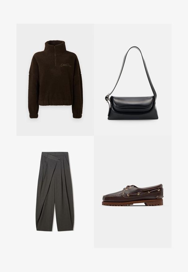 Dark brown fleece pullover with half-zip, high collar, long sleeves, elastic cuffs, and embroidered text on the upper left chest.; Gray pleated trousers with a high waist, featuring a button closure and wide-leg design. Made from a smooth, woven fabric.; Brown leather boat shoe with gold eyelets, round laces, and a textured brown rubber sole. Features stitched detailing and a raised logo.; Black leather handbag with a structured shape, a smooth texture, and a single shoulder strap. Features a subtle, rounded flap design.