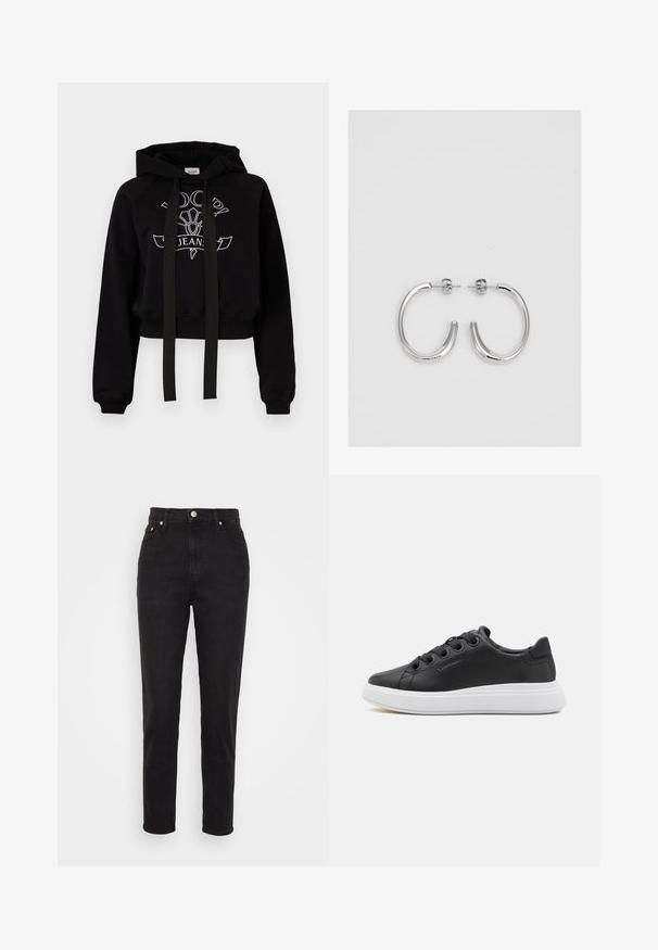 Izgriezta melna kapuce no kokvilnas maisījuma ar kangaroo kabatu. Ar kapuci, melnām auklām un baltu logotipa drukājumu priekšpusē.; Melnas augstākā vidukļa slaidu džinsus ar priekšējo pogu, jostu cilpām un piecu kabatu dizainu uz baltā fona.; Calvin Klein CUPSOLE LACE UP - Sporta apavi - black; Sudraba riņķveida auskari ar gludu, spīdīgu apdari. Apaļas formas, viegla dizaina, ar aizdari uz stieples.