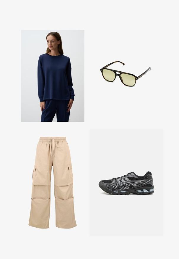 Navyblauwe sweatshirt van zacht materiaal met lange mouwen, een ronde hals en een losse pasvorm. Gecombineerd met bijpassende broek.; Beige cargobroek met een elastische tailleband, verstelbaar trekkoord en grote zijzakken voor opslag. Gemaakt van een lichte katoenmix.; Zwarte sportschoen met een bovenwerk van mesh, zilveren accenten en een gevoerde zool. Beschikt over een vetersluiting en een gestructureerde loopzool voor grip.; Schildpadbril met een rechthoekige vorm, groengetinte lenzen en gepatterde acetaat montuur. Kenmerkt metalen accenten nabij de lenzen.