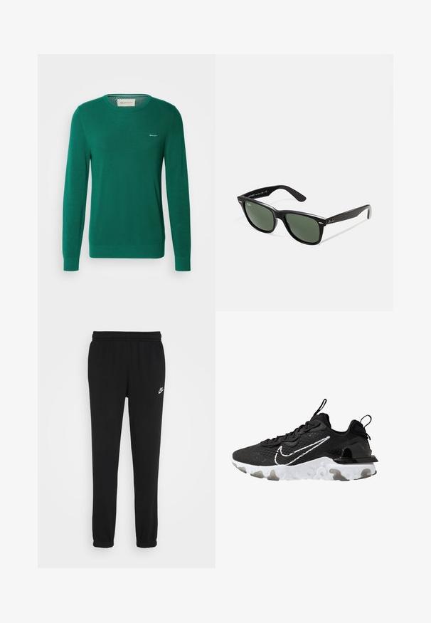 Pulover verde din tricot, cu mâneci lungi, guler rotund și un model texturat. Prezintă un mic logo alb pe pieptul stâng.; Pantaloni de trening negri, cu talie elastică, glezne strânse și un mic logo alb Nike pe partea stângă. Confecționați dintr-un material texturat moale.; Pantof cu specific sportiv, de culoare neagră, cu un material exterior texturat, logo Nike alb și talpă groasă albă. Dispune de o etichetă la călcâi pentru a facilita încălțarea.; Ochelari de soare din plastic negru cu lentile verzi, rame pătrate, accent argintiu pe sprânceană și brațe texturate. Marca este menționată pe brațul interior.