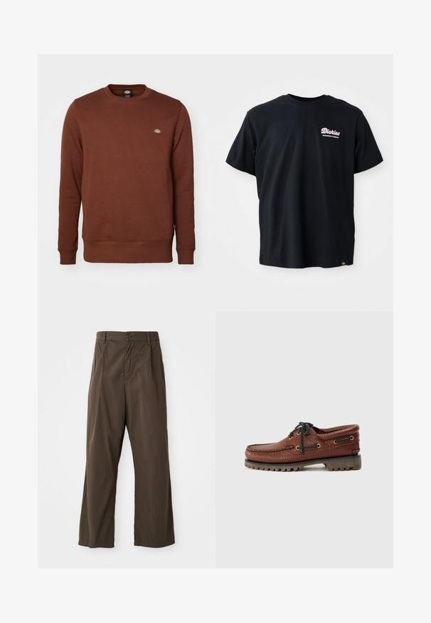 Dickies OAKPORT - Mikina - cappuccino; Černé bavlněné tričko s krátkým rukávem, kulatým výstřihem a růžovým logem na levé části hrudi. Obsahuje štítek na dolním levém lemu.; Hnědé široké kalhoty vyrobené z bavlny s předním zapínáním na knoflík, poutky na pásek a hladkým matným povrchem.; Hnědé kožené lodní boty s texturovaným svrškem, černým šněrováním a zlatými očka. Obsahují odolnou, vroubkovanou gumovou podrážku.