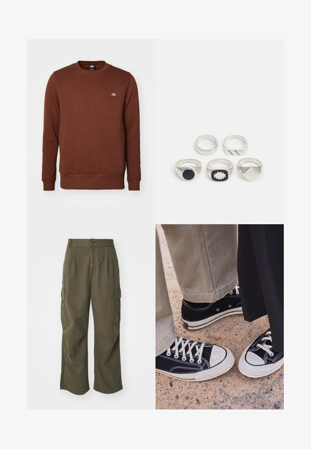 Dickies OAKPORT - Felpa - cappuccino; Pantaloni cargo in verde oliva, realizzati in cotone, con un design a gamba larga, pieghe e tasche laterali per utilità.; Sneakers neri in tela con punte e lacci bianchi in gomma. Le cuciture a contrasto e i fori in metallo aggiungono dettagli. Indossati con pantaloni beige e un tessuto nero.; Cinque anelli d'argento: uno con un dettaglio circolare nero, uno con un motivo geometrico bianco e nero, e altri con diverse forme e finiture.