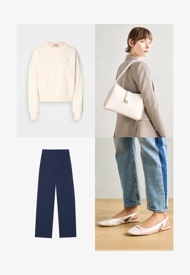 Krémová skrátená mikina s okrúhlym výstrihom, rebrovanými manžetami a jemne vyšitým logom na hrudi. Mäkký textilný materiál.; Námornícky modré nohavice s širokými nohavicami vyrobené z mäkkej tkaniny, s prednými skladmi, hladkou štruktúrou a rovnými siluetami bez viditeľných vreciek.; Svetloružové slingback baleríny s jemne špicatou špičkou, vyrobené z hladkého materiálu pripomínajúceho kožu. Majú výrezové detaily na stranách a plochý opätok.; Biely kožený kabelka so štruktúrovaným dizajnom, s magnetickým uzáverom a ramenným popruhom, vystavená na neutrálnom pozadí.