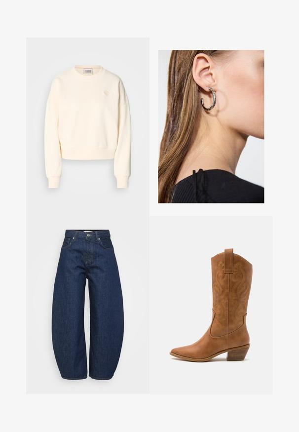 Cream-colored cropped sweatshirt with a round neckline, ribbed cuffs, and a subtle embroidered logo on the chest. Soft texture fabric.; High-waist dark blue denim jeans with wide legs, front button and zipper closure, and classic five-pocket design.; Tan leather cowboy boot with pointed toe, embroidered swirl patterns on shaft, and a stacked block heel. Features a pull tab for easy wear.; Silver hoop earring with a polished finish, featuring small gold accent details and a round shape, worn on the lobe.