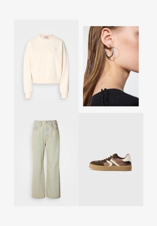 Krämfärgad kortärmad sweatshirtr med rund halsringning, ribbade ärmslut och en subtil broderad logotyp på bröstet. Mjukt tyg.; Ljusblå vida jeans i denim med hög midja, fem fickor och subtila blekningar med kontrasterande sömsyn.; Bruna och krämfärgade sneakers med en kombination av mocka och satinmaterial, med tre diagonala ränder och en texturerad gummisula.; Silverörhänge med polerad yta, med små detaljer i guld och rund form, bärs på loben.