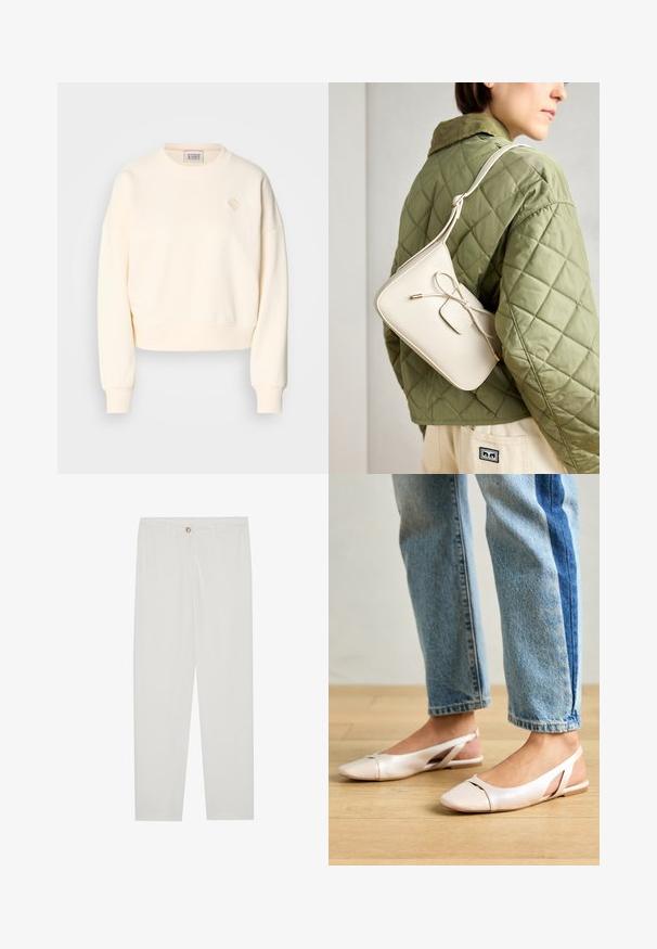 Krém színű, cropped pulóver kerek nyakkal, bordás mandzsettával és diszkrét hímzett logóval a mellen. Puha tapintású anyag.; Fehér, testreszabott nadrág egyenes szárú szabással, gombos záródással, övcsatolókkal és oldalsó zsebekkel; sima textúrájú anyag.; Világos rózsaszín slingback laposlábú cipők, hegyes orral, sima bőrhatású anyagból készült. Oldalt kivágott részletek találhatók rajta, valamint lapos sarkú.; Beige színű bőr keresztpántos táska masni részlettel, arany színű fém kiegészítőkkel és egy állítható pánttal, zöld steppelt dzsekin viselve.