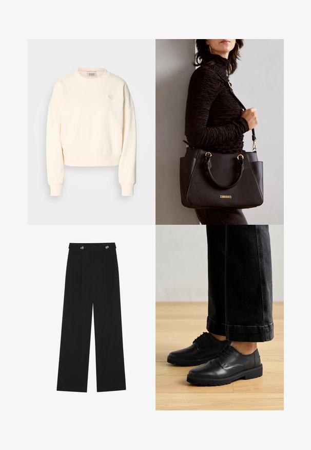 Kermanvärinen lyhyt huppari pyöreällä kaula-aukolle, jossa on resorihihansuut ja hienovarainen kirjailtu logo rinnassa. Pehmeä kangas.; Mustat leveälahkeiset housut, joissa on korkea vyötärö, napit vyötärönauhassa ja etupuolella laskokset.; Musta nahkakengät, joissa on nauhakiinnitys, sileä pinta, pyöreä kärki ja paksu kumipohja, yhdistettynä lyhennettyihin tummiin farkkuihin.; Musta käsilaukku, jossa on teksturoitu pinta, kaksi yläkantta ja säädettävä olkahihna. Varustettu kultasävyisillä varusteilla ja sivutaskuilla.