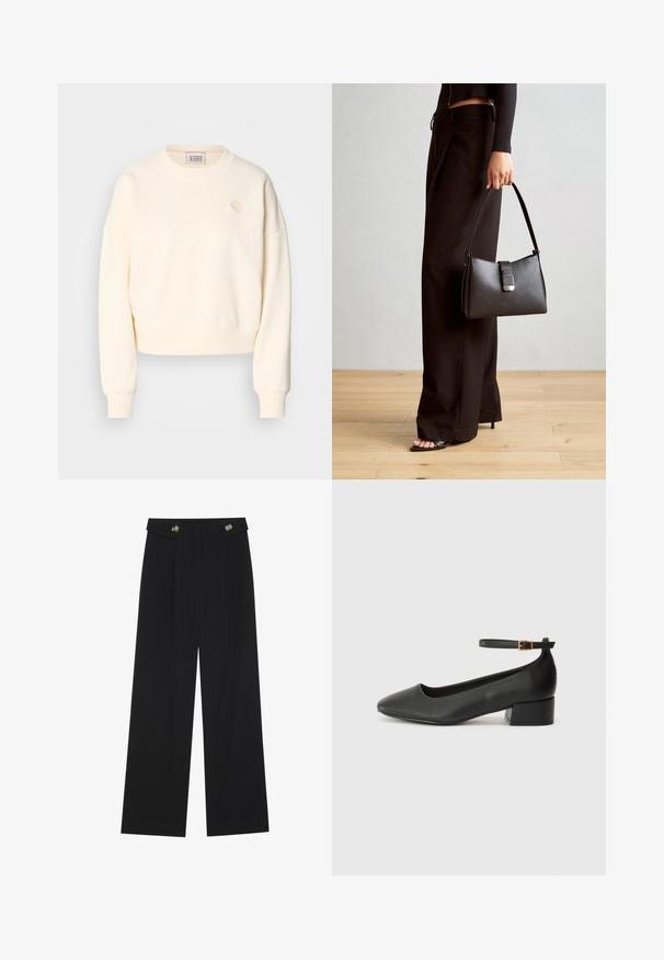 Felpa cropped color crema con scollatura rotonda, polsini a coste e un delicato logo ricamato sul petto. Tessuto morbido.; Pantaloni neri a gamba larga con vita alta, dettagli con bottoni in vita e pieghe frontali.; Pump in pelle nera con punta affusolata e tacco basso a blocco. Presenta una cinghia alla caviglia con una fibbia in tonalità oro. Texture liscia.; Borsa nera con forma strutturata, texture liscia e una chiusura metallica. Abbinata a pantaloni neri larghi e sandali open-toe su un pavimento in legno.