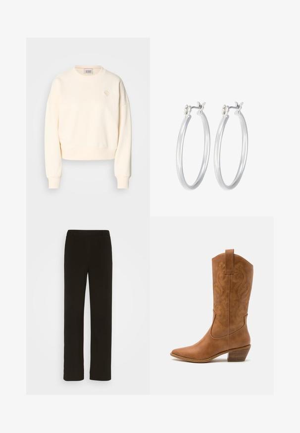 Kermanvärinen lyhyt huppari pyöreällä kaula-aukolle, jossa on resorihihansuut ja hienovarainen kirjailtu logo rinnassa. Pehmeä kangas.; Mustat, suorat housut, jotka on valmistettu kudotusta kankaasta. Housuissa on litteä etuosa, kaksi sivutaskua ja sileä pinta. Ei näkyviä kuvioita tai yksityiskohtia.; Ruskean nahkainen cowboy-saapas, jossa on terävä kärki, brodeeratut pyörteiset kuviot varressa ja kerroslohko korko. Varustettu nostonipulla helpottamaan pukemista.; Hope-silver rengas, joissa on sileä ja kiillotettu pinta. Pyöreä muoto ja turvallinen napsautettava lukitus. Kevyt muotoilu sopii päivittäiseen käyttöön.