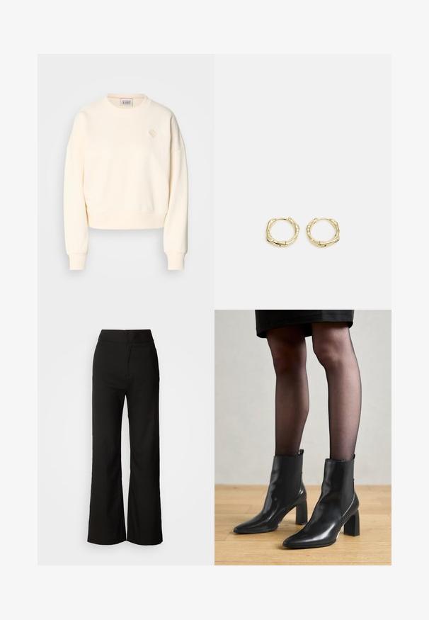 Sudadera corta color crema con un cuello redondo, puños acanalados y un sutil logo bordado en el pecho. Tejido con textura suave.; Pantalones de pierna ancha negros con una textura suave, cintura alta y un diseño limpio. Sin bolsillos visibles ni adornos.; Botines de cuero negro hasta el tobillo con punta afilada, tacón cuadrado grueso y diseño elegante. Presentan paneles laterales elásticos para facilitar el uso.; Pendientes de aro de oro con forma irregular y texturizada. Presentan un cierre sin costuras y un acabado pulido, destacando un diseño moderno.