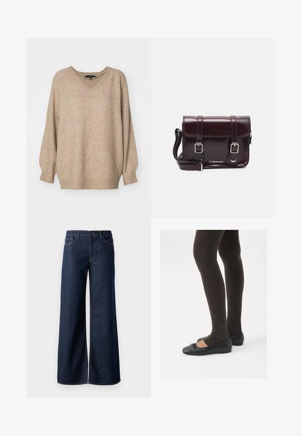 Bež oversized pulover z V-izrezom, ki ima teksturirano tkanino in rebraste manšete. Spuščene ramenske šive za sproščen kroj.; Široke hlače iz temnega modrega denima. Imajo kontrastno šivanje, pet žepov in gumbasto zapiranje v pasu. Gladka tekstura.; Črne ravne čevlje z majhnim lokom na prstih, v kombinaciji s temno rjavimi rebrastimi nogavicami. Čevlji imajo gladko teksturo in nizko obliko.; Burgundska patentna usnjena torbica čez ramo z pravokotno obliko, dvema trakovoma, srebrno kovinsko opremo in zapiranjem na preklop.
