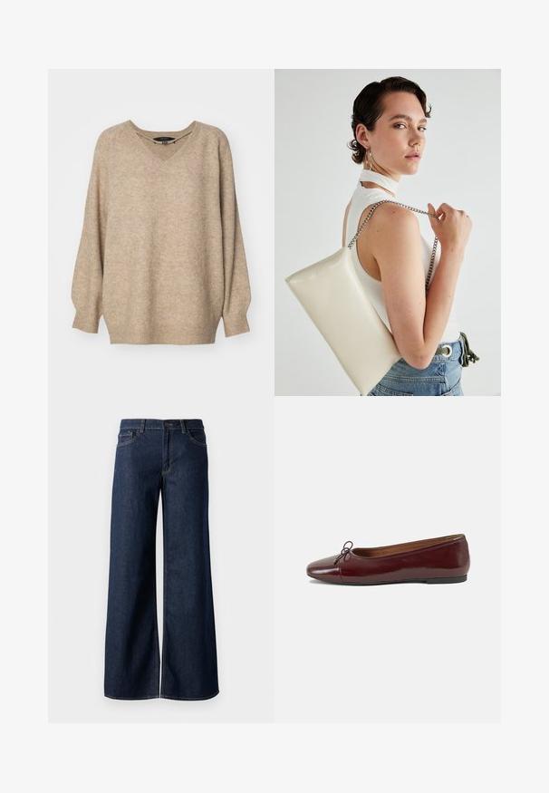 Bež oversized pulover z V-izrezom, ki ima teksturirano tkanino in rebraste manšete. Spuščene ramenske šive za sproščen kroj.; Široke hlače iz temnega modrega denima. Imajo kontrastno šivanje, pet žepov in gumbasto zapiranje v pasu. Gladka tekstura.; Burgundska patenti usnjeni baletni čevlji z zaobljenim prstom, majhnim lokom na sprednji strani in nizkim črnim gumijastim podplatom. Gladka tekstura.; Bela pravokotna torbica za ključe iz sijajnega materiala, opremljena s srebrno verižico. Model pozira in prikazuje torbico na enobarvni podlagi.
