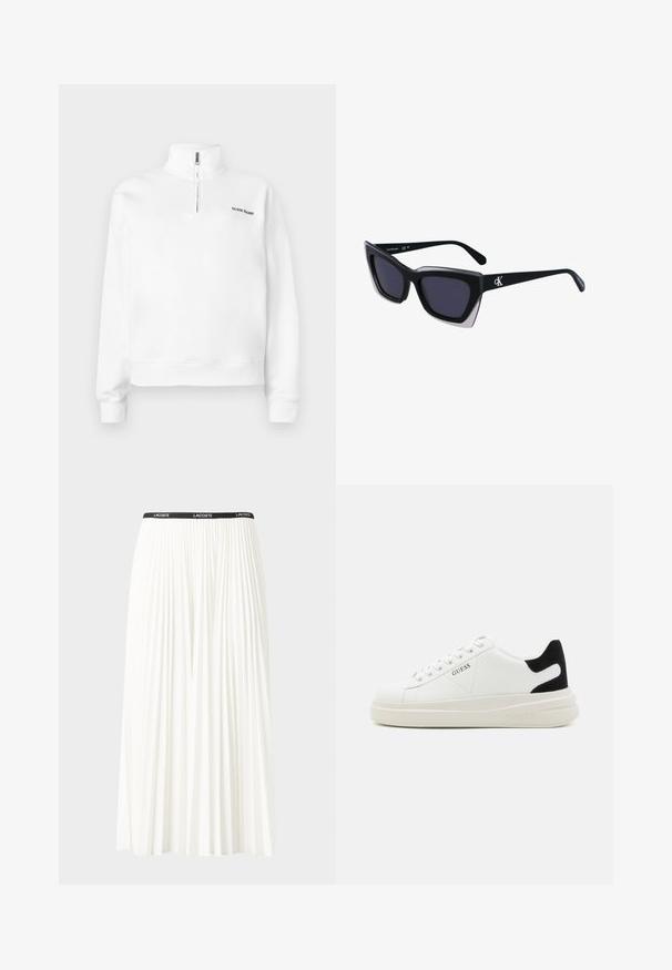 Sudadera blanca de cuello alto con cierre de media cremallera. Presenta un pequeño logo negro en el pecho y puños acanalados. Textura suave.; Falda blanca plisada con una cinturilla elástica negra que presenta el logotipo "LACOSTE". Diseño de longitud media con textura suave.; Zapatillas blancas de cuero con una suela blanca gruesa, acento en el talón de ante negro y logo grabado en el lateral. Diseño de cordones con seis ojales.; Gafas de sol negras de gran tamaño con una forma geométrica, que presentan lentes oscuros y un detalle gris contrastante en la montura. Logo en la pata.
