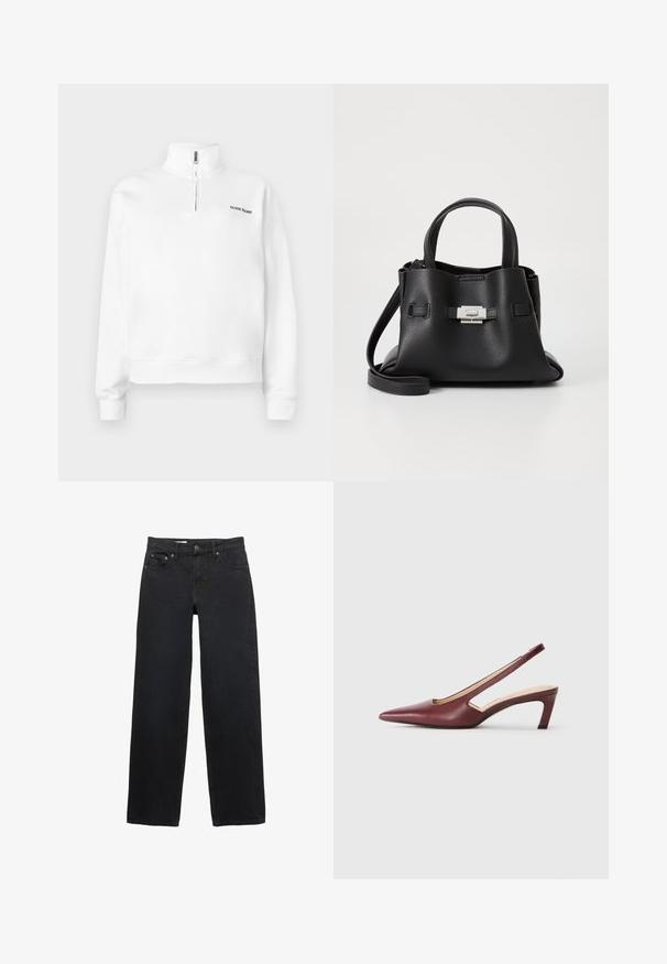 Biely pulóver so vysokým golierom a polovičným zipsom. Obsahuje malé čierne logo na hrudi a rebrované manžety. Hladká textura.; Čierne široké džínsy vyrobené z denimového materiálu, s piatimi vreckami, zatvorením na gombík, jemným prešívaním a rovnom strihom od pásu po lem.; Burgundské slingback podpätky s špicatou špičkou, vykrojené detaily po stranách a stredne vysokým blokovým podpätkom. Hladký kožený povrch.; Čierna kožená kabelka s textúrovaným povrchom, ktorá má dve vrchné rukoväte, odnímateľný popruh cez rameno a strieborný uzáver.