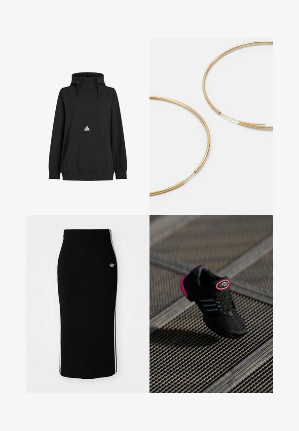 Zwarte pullover hoodie met een hoge kraag, trekkoord, voorzak, elastische zoom en een driehoekige logopatch. Zachte, gladde stofstructuur.; Zwarte geribbelde midi-rok met een slim fit ontwerp, voorzien van witte zijstrepen en een klein wit embleem aan de linkerkant.; Zwarte sportieve schoen met een bovenwerk van mesh, roze accenten en zwarte gestreepte details. Beschikt over een gestructureerde buitenzool en een logo-label op de hak.; Gouden oorringen, dun en rond van vorm, met een gladde metallic afwerking en zonder versieringen of patronen.