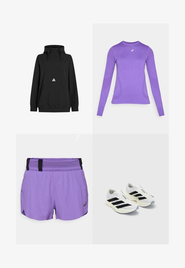 Sweatshirt preto com capuz alto, cordão ajustável, bolso frontal, bainha elástica e um patch de logótipo triangular. Tecido suave e liso.; Camisola atlética de mangas longas em tecido lilás claro, apresentando um design ajustado, gola redonda e uma textura subtil com detalhes do logo no peito.; ASICS METARUN SPLIT SHORT - Calções desportivos - edo purple; Ténis brancos de desporto com riscas e marcação pretas, apresentando um cabedal em malha, bico arredondado e sola espessa em creme para amortecimento.