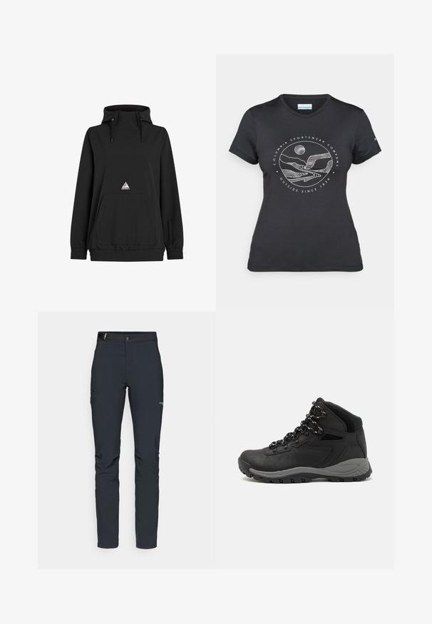 Black pullover hoodie with a high collar, drawstring, front pocket, elastic hem, and a triangular logo patch. Soft, smooth fabric texture.; Black Columbia t-shirt with white circular mountain and river line art and text "Columbia Sportswear Company Outside Since 1938."; Men's outdoor pants, dark gray, made from flexible material, featuring a belt, zippered pockets, and reinforced stitching.; Black hiking boot with a mid-top design, featuring a textured upper, gray accents, and durable rubber sole with traction lugs.