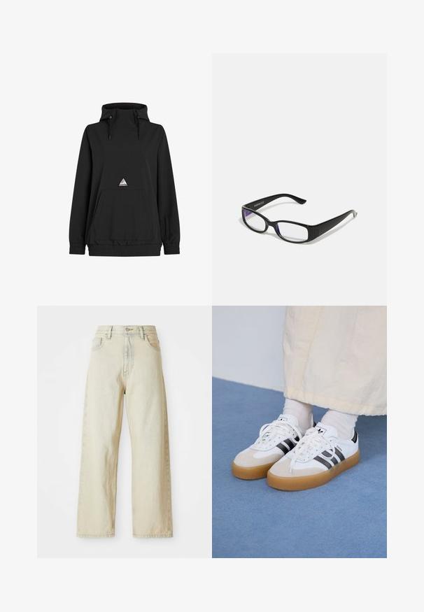 Sweat à capuche noir avec un col haut, cordon de serrage, poche avant, ourlet élastique et un patch en forme de triangle. Tissu doux et lisse.; Jean en denim à jambe large de couleur beige clair, avec poches avant, taille haute et détails de couture subtils. Fabriqué en tissu denim texturé.; Baskets blanches avec des rayures noires et des accents en daim beige. Elles présentent une semelle en gomme texturée et des lacets plats blancs, portées avec des chaussettes claires.; Des lunettes rectangulaires noires avec des verres transparents. Fini brillant, branches étroites et teinte violette visible sur les bords des verres.
