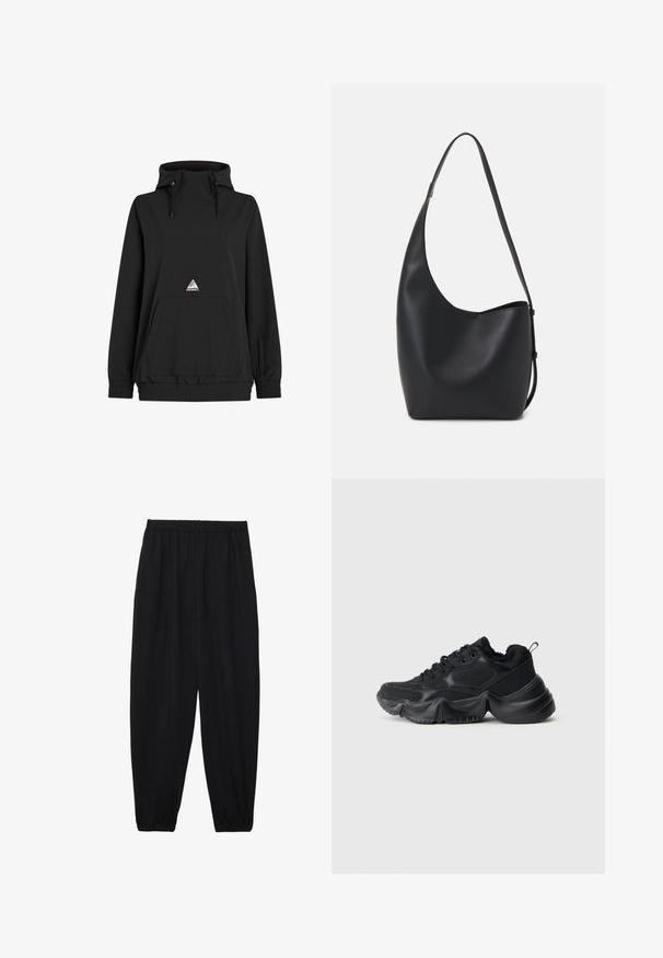 Svart hettegenser med høy krage, snøring, frontlomme, elastisk kant, og et trekantet logo-patch. Myk, glatt stoffkvalitet.; Svarte, lette bukser med elastisk liv og rynkede ankler. Stoffet er glatt og har en avslappet, innsvingt design.; Svart sneakers med en blanding av glatte og teksturerte materialer, tykke såler, rund form og dekorativ søm. Har en myk, plysj krage.; Svart lær hobo-veske med glatt tekstur, buet form og enkelt justerbart stropp; har en bred åpning på toppen.