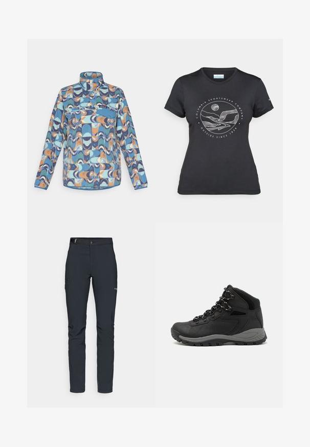 Fleece-pullover i blå med abstrakt geometrisk mønster i oransje, aqua og marineblå. Har høy krage og en brystlomme med trykknapp.; Svart Columbia t-skjorte med hvit sirkulær fjell- og elvlinjekunst og tekst "Columbia Sportswear Company Outside Since 1938."; Herre utendørsbukser, mørkegrå, laget av fleksibelt materiale, med belte, glidelåslommer og forsterkede sømmer.; Sorte turstøvler med mid-topp design, som har en teksturert overdel, grå detaljer og slitesterk gummisåle med godt grep.