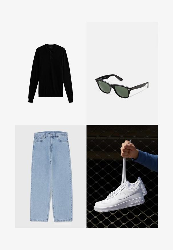 Schwarzes Langarm-Polohemd mit klassischem Kragen, drei-Knopf-Leiste und weichem Material. Einfaches Design ohne Muster oder Verzierungen.; Hellblaue Jeans aus Denim mit geradem Bein, ausgestattet mit einer mittelhohen Taille, fünf Taschen sowie einem Knopf- und Reißverschluss.; Weiße Leder-Sneaker mit Perforationen, runder Zehenpartie, flacher Sohle und dicken Schnürsenkeln, mit sichtbar eingesticktem Swoosh-Logo und "AIR" an der Ferse.; Schwarze Plastiksonnenbrille mit grünen Gläsern, quadratischen Rahmen, silbernem Akzent auf der Augenbraue und strukturierten Bügeln. Angegebene Marke auf dem inneren Bügel.