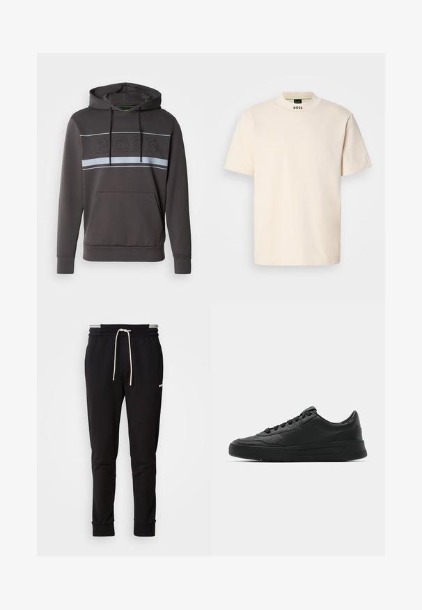 Hoodie v temno sivi barvi z žepom na sprednji strani, ki ima dvignjen logo "BOSS" in vodoravne svetlo sive črte čez prsni del.; Kratek T-shirt v krem barvi s kratkimi rokavi in visokim ovratnikom, na sprednjem delu vratu in notranji etiketi pa je natisnjen napis "BOSS" v črni barvi.; Črne slim-fit trenirke s belim vrvico, rebrastimi manšetami in subtilnim logotipom na zgornjem stegnu na enobarvnem ozadju.; Črne superge z gladkim usnjenim zgornjim delom, okroglo konico, ravnimi vezalkami, oblazinjeno ovratnikom in minimalističnim dizajnom. Gumijast podplat z diskretnim profilom.