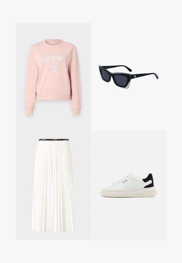 Sweatshirt rose en tissu doux, avec un logo triangulaire rehaussé de paillettes. Manches longues et col ras du cou. Design court.; Jupe plissée blanche avec une taille élastique noire portant le logo "LACOSTE". Design mi-long avec une texture douce.; Baskets en cuir blanc avec une épaisse semelle blanche, un accent en daim noir au niveau du talon et un logo embossé sur le côté. Design à lacets avec six œillets.; Lunettes de soleil noires surdimensionnées avec une forme géométrique, dotées de verres foncés et d'un détail gris contrastant sur la monture. Logo sur la branche.