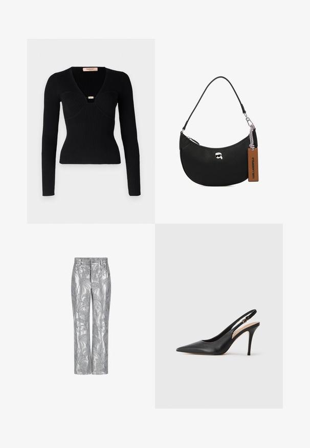 Top negru cu mâneci lungi, cu un decolteu adânc în V și un nasture cu nuanță aurie la bust. Siluetă ajustată, material texturat cu linii verticale.; Pantaloni brodați cu argintiu, cu un model de frunze, design cu picior drept și o textură netedă, strălucitoare. Buzunare funcționale și închidere cu nasture.; Pantofii cu toc înalt din piele neagră, cu vârf ascuțit, textură netedă și o curea delicată cu o cataramă metalică.; Geantă de mână din piele neagră cu o textură granuloasă, formă curbată, închidere cu fermoar pe partea de sus, accesorii din metal argintiu și o etichetă maro. Prezintă un accent cu logo.