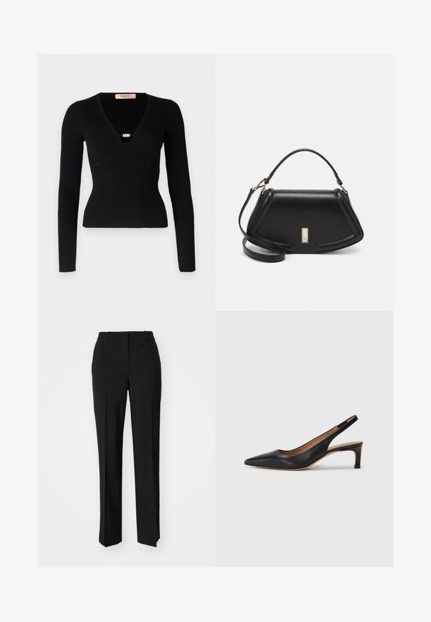 Black ribbed long-sleeve top with a deep V-neck and a gold-toned clasp at the bust. Fitted silhouette, textured fabric with vertical lines.; Black tailored trousers with a straight-leg design, featuring a smooth texture and crisp creases along the front. No visible hardware.; Black leather slingback pump with a pointed toe, low heel, and a smooth texture. Features a thin adjustable strap for a secure fit.; Black leather handbag with a structured design, featuring a cropped shape, top handle, and gold hardware accent. Adjustable shoulder strap included.
