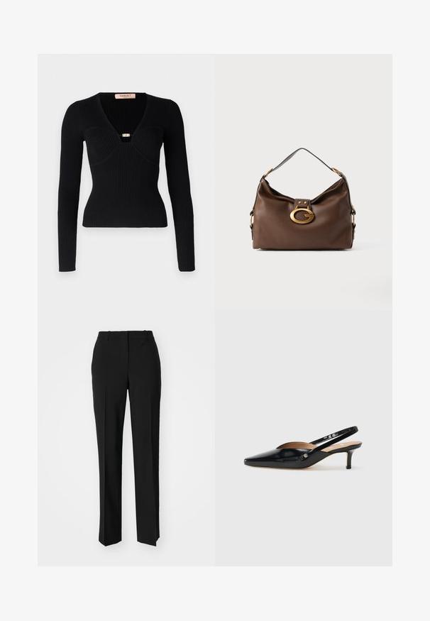 Must mustriba mustsärk, millel on sügav V-kaelus ja kuldse tooni pandla detaile rinna piirkonnas. Kehasse liibuv siluett, tekstureeritud kangas vertikaalsete joontega.; Mustad ja sirged püksid, millel on sile tekstuur ja teravad voldid esiosas. Ilma nähtavate detailideta.; Must mustaalk naha Slingback-kingad terava varba, väikese kontsaga ja lõikega kujundusega ülevalt. Kuldse tooni detail küljel.; Pruun naha kott tekstuuriga pinnaga, millel on kuldse tooni sulgur ja ühekordne, kaardus õlarihm.