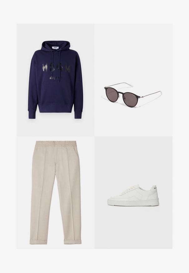 Felpa navy realizzata in misto cotone, con tasca frontale a marsupio, coulisse e stampa del logo riflettente "MSGM MILANO" sul petto.; Filippa K TERRY CROPPED TROUSERS - Pantaloni - sage melange; Sneaker in pelle bianca con una finitura liscia, punta rotonda, lacci piatti e suola testurizzata. Presenta un logo discreto sul tallone.; Occhiali da sole neri rotondi con lenti scure e sottili bracci in metallo. Include punte trasparenti e accenti argentati alla cerniera. Design minimalista.