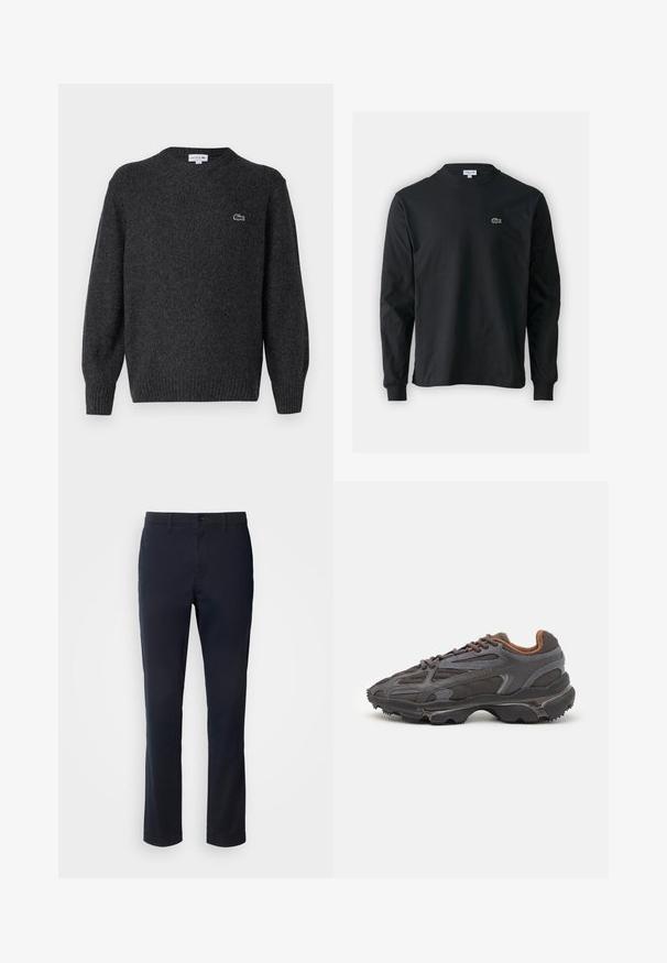 Lacoste Jumper - bitume neps; Black long-sleeve t-shirt made of cotton, featuring a round neckline and a small green embroidered crocodile logo on the left chest.; Navy blue trousers made of smooth fabric, featuring a straight leg design, belt loops, and a button closure with a zip fly.; Lacoste sneakers in dark gray with mesh and synthetic material, featuring a textured sole and brown accents on the collar and branding.
