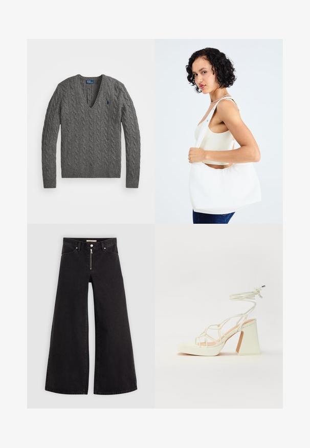 Camisola cinzenta de gola em V com textura de malha e padrão de trança, bainha e punhos canelados. Apresenta um pequeno logotipo bordado no peito.; Calças de ganga de perna larga em denim preto com fecho éclair à frente, design de cinco bolsos e detalhes de costura subtil. Textura suave e estilo casual.; Sandálias brancas de salto alto com um salto robusto, apresentando um design com tiras e amarração no tornozelo. Textura suave com uma plataforma na frente para altura adicional.; Bolsa de ombro branca feita de material liso, apresentando um recorte oval e um design de alça larga. Simples e moderna, sem hardware visível.