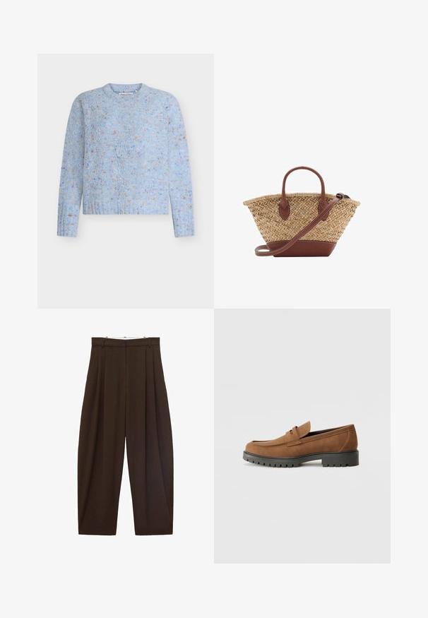 Light blue sweater with a textured design, featuring multicolored specks throughout. Round neckline and long sleeves.; Brown high-waisted trousers with pleats, made of smooth fabric. Loose fit, straight leg design, featuring belt loops and a zip fly.; Brown suede loafers with a rounded toe and a low black rubber sole, featuring a decorative strap and stitching details on the upper.; Woven straw basket bag with brown leather accents, two handles, and a detachable strap. Curved shape with a sturdy base.; Clear and amber resin rings, one smooth and transparent, the other with a textured, amber finish. Both feature rounded, chunky designs.