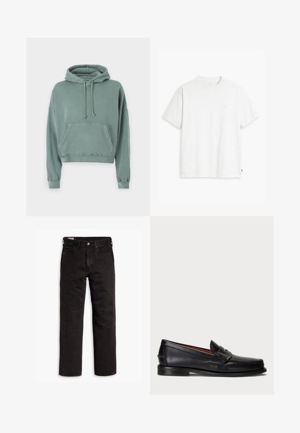 Mátově zelená zkrácená mikina vyrobená z měkké tkaniny, s přední kapsou, kapucí na šňůrku a žebrovanými manžetami s uvolněným střihem.; Bílá bavlněná tričko s krátkými rukávy, klasickým výstřihem a decentním logem Levi's vytištěným uprostřed. Měkká textura a standardní střih.; Černé džíny rovného střihu s pěti kapsami, zapínáním na knoflík a poutky na opasek, položené na bílém pozadí.; Černé kožené mokasíny s kulatou špičkou, prošívanými detaily a dekorativním páskem přes přední část. Plochá podrážka s minimálním profilem.