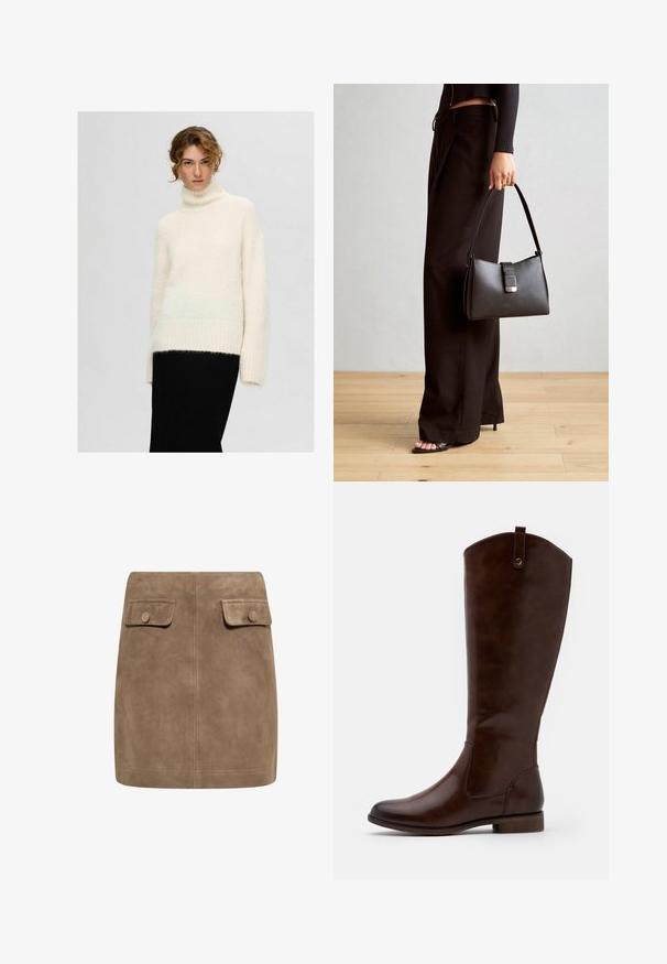 Krämfärgad polotröja med en fluffig textur, med ribbad nederdel och ärmslut, samt en kontrasterande nedre kant i en ljusare nyans.; Brun mockaskinn mini kjol med en slät textur, som har två framfickor med klaff och knäppningar på varje sida. Enkel, rak design.; Bruna knähöga stövlar i slät läder, med rund tå, låg klack och ett subtilt söm-mönster längs sidorna.; Svart handväska med strukturerad form, slät yta och metallspänne. Matchad med vida svarta byxor och sandaler med öppen tå på trägolv.