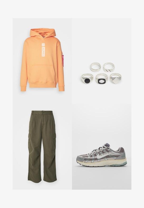 Sudadera naranja con capucha, bolsillo frontal y un logotipo blanco "ALPHA". Presenta puños acanalados y un bolsillo lateral con cremallera y una pestaña roja.; Conjunto de tres camisetas de manga larga en blanco sólido. Fabricadas con una tela suave y ligera, con cuello redondo y un diseño sencillo, sin adornos.; Pantalones cargo en verde oliva, fabricados en algodón, con un diseño de pierna ancha, pliegues y bolsillos laterales para mayor utilidad.; Zapatilla deportiva gris con parte superior de malla y ante, acentos blancos, suela acolchada y un diseño distintivo con elementos reflectantes.; Cinco anillos de plata: uno con un detalle circular negro, uno con un patrón geométrico en blanco y negro, y otros con diversas formas y acabados.