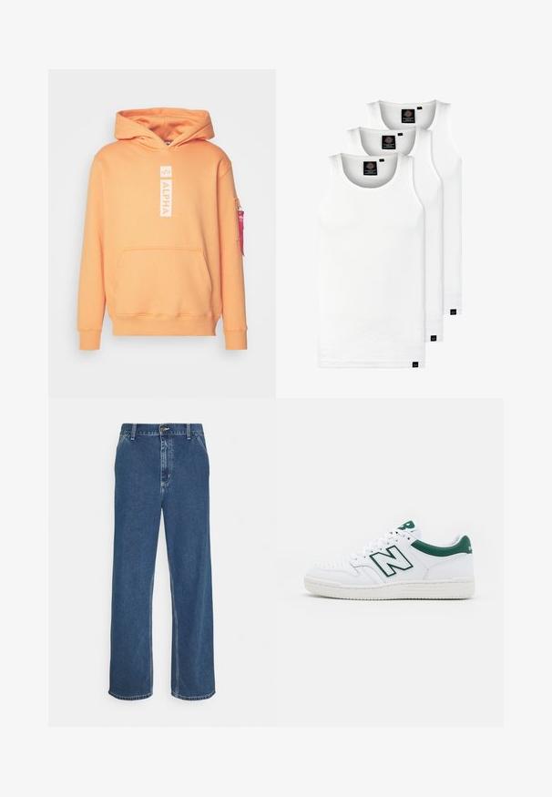Felpa arancione con cappuccio, tasca frontale e logo "ALPHA" bianco. Presenta polsini a costine e una tasca laterale con cerniera e linguetta rossa.; Tre canotte bianche a coste in cotone. Presentano un colletto rotondo e piccole etichette nere vicino all'orlo. Disponibile in diverse taglie.; Jeans in denim blu con taglio dritto, design a cinque tasche, chiusura con bottone metallico e cuciture visibili lungo le cuciture e l'orlo.; Sneaker bianco con accenti verdi, tomaia in pelle, punta perforata, chiusura con lacci e suola in gomma testurizzata. Presenta un logo "N" ben visibile.