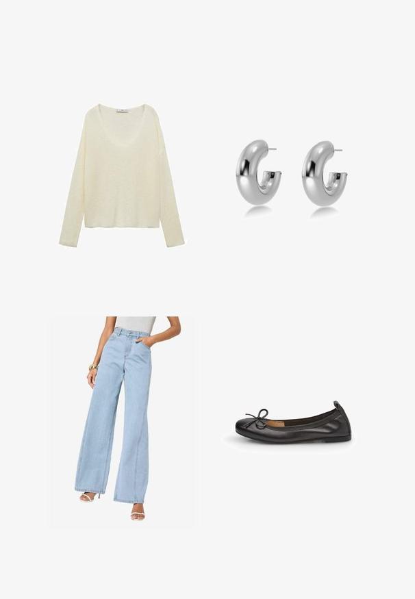 Kermavoheline neulepusero, jossa on V-pääntie, pitkät hihat ja löysä istuvuus. Sisältää tekstuurikuvion ja ribbireunat hihoissa ja helmassa.; Vaaleansiniset leveälahkeiset farkut, joissa on korkea vyötärö, etutaskut ja keskimittaiset saumat; valmistettu pehmeästä denimmateriaalista.; Musta nahkainen balettisandaali, jossa on pyöristetty kärki, ohut nauhanyöri edessä ja elastinen reuna turvallisen istuvuuden takaamiseksi. Litteä pohja mukavuutta varten.; Hope korvakorut, valmistettu kiillotetusta hopeametallista, joissa on sileä, pyöreä muoto ja avoin väli edessä. Varustettu tukevalla takakiinnityksellä varmistaen turvallisen käytön.