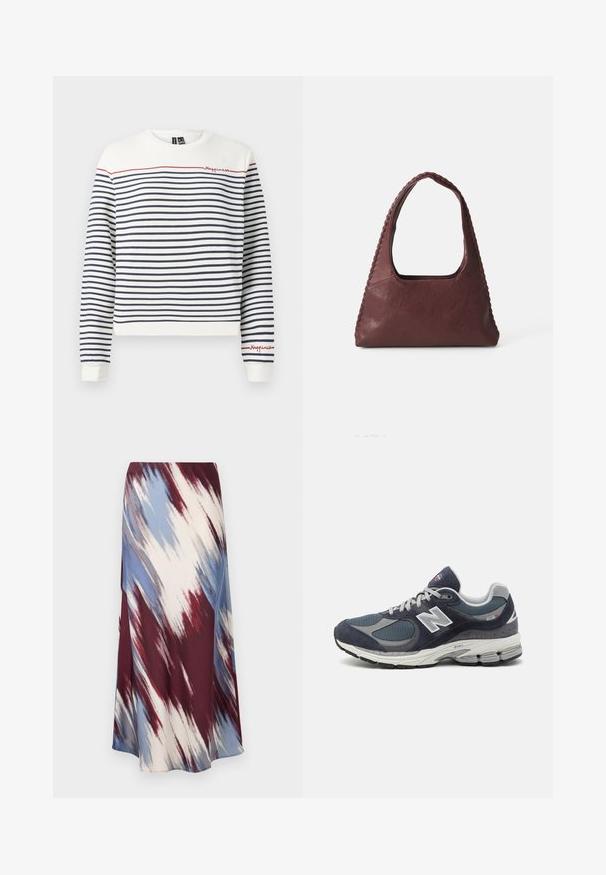 White and navy striped sweatshirt with red embroidery reading "Happiness". Features a round neckline and ribbed cuffs. Soft cotton material.; Long skirt featuring a diagonal tie-dye pattern in burgundy, blue, and cream, made of soft fabric with a flowing silhouette and slight sheen.; New Balance sneakers with a navy mesh and suede upper, gray accents, white logo, cushioned sole, and textured detailing.; Burgundy leather handbag with a triangular shape, open top, and braided detail along the handle. Smooth texture with a matte finish.