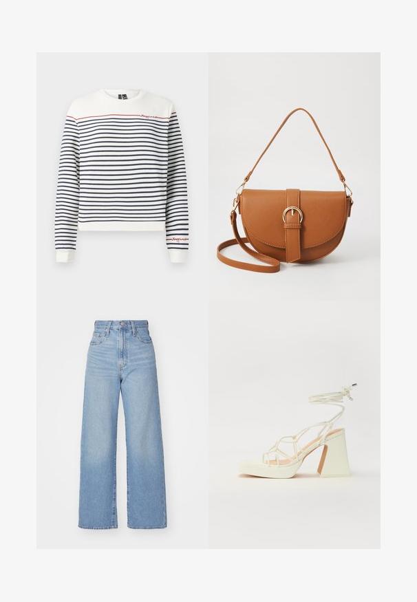 Hvid og marineblå stribet sweatshirt med rød broderi, der står "Happiness". Har rund halsudskæring og ribbede manchetter. Blødt bomuldsmateriale.; Lyseblå højtaljede bukser med bred benåbning, med frontknap og lynlås, samt for- og baglommer, på en hvid baggrund.; Hvide højhælede sandaler med en kraftig hæl, der har et stropdesign og ankelbinding. Glat tekstur med en platform foran for ekstra højde.; Brun læder crossbody taske med en buet form, guldfarvet hardware og en spændeaccent. Har en aftagelig skulderrem.