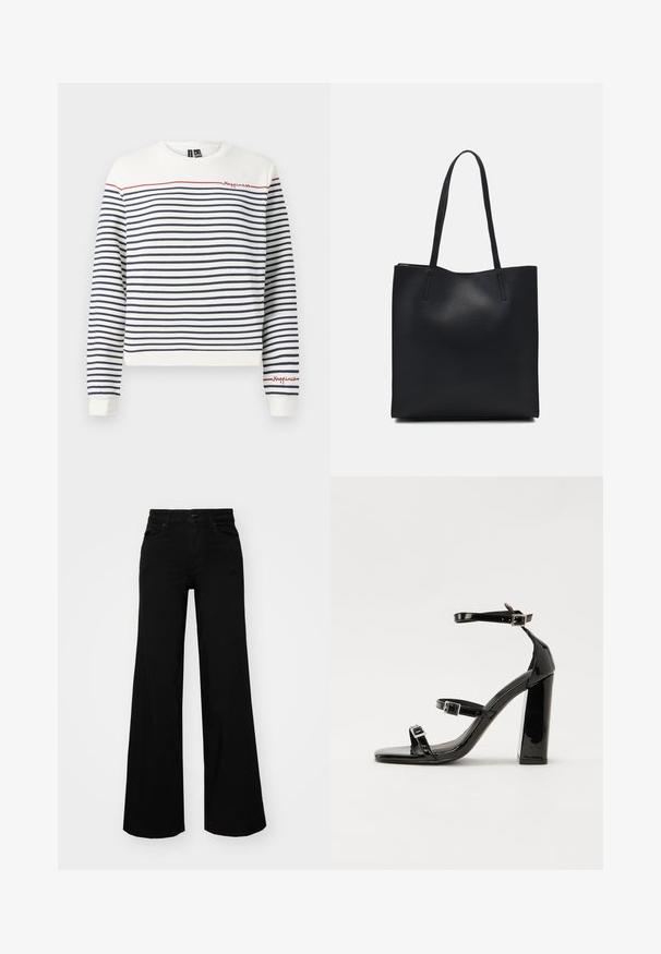 Hvit og marineblå stripete hettegenser med rød brodering som sier "Happiness". Har rund hals og ribbestrikkede mansjetter. Mykt bomullsmateriale.; Svart vide bukser laget av denim, med en strukturert midjebånd, beltestropper og frontlommer. Glatt tekstur med et klassisk design.; Svart høyglans sandaler med hæl, firkantet tå, ankelremmer og sølvspenner. Har en kraftig blokkhæl for stabilitet.; Svart lær tote bag med glatt tekstur, rektangulær form og to lange håndtak. Ingen synlige deler eller dekorasjoner.