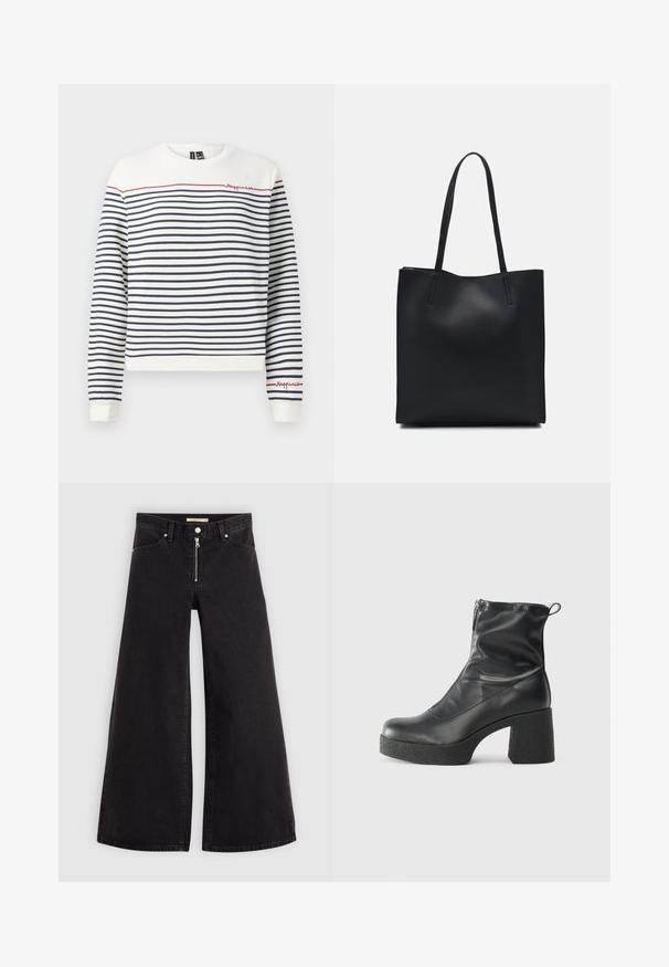 Hvid og marineblå stribet sweatshirt med rød broderi, der står "Happiness". Har rund halsudskæring og ribbede manchetter. Blødt bomuldsmateriale.; Vide ben jeans i sort denim med lynlås foran, fem lomme-design og subtile stikninger. Glat tekstur og afslappet stil.; Sorte ankelstøvler lavet af glat læder, med en sidelukning, kraftig struktureret hæl og rundt tådesign.; Sort læder tote taske med glat tekstur, rektangulær form og to lange hanke. Ingen synlig hardware eller udsmykninger.